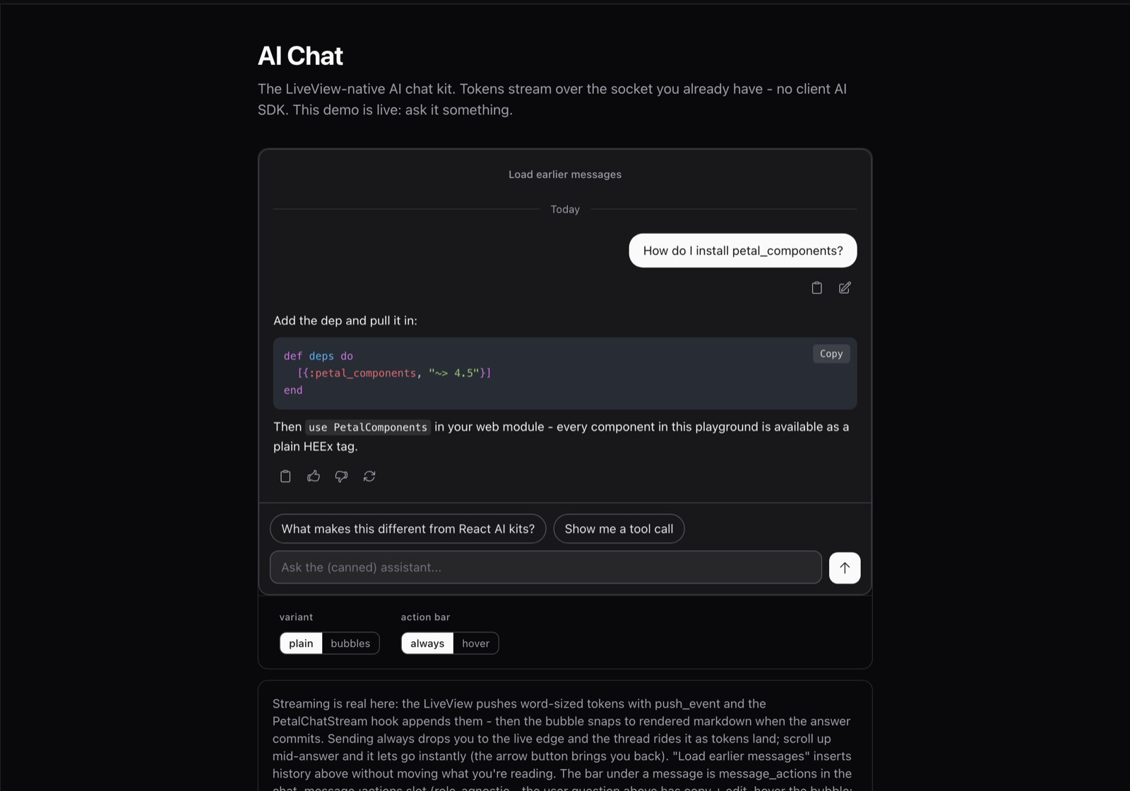 The AI chat kit running in the Petal playground