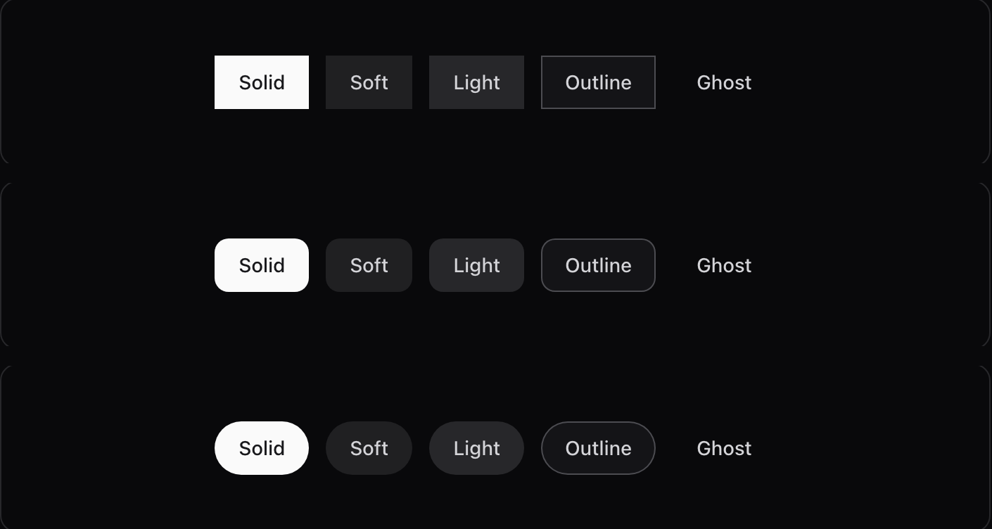 The same buttons at radius 0, the default, and full