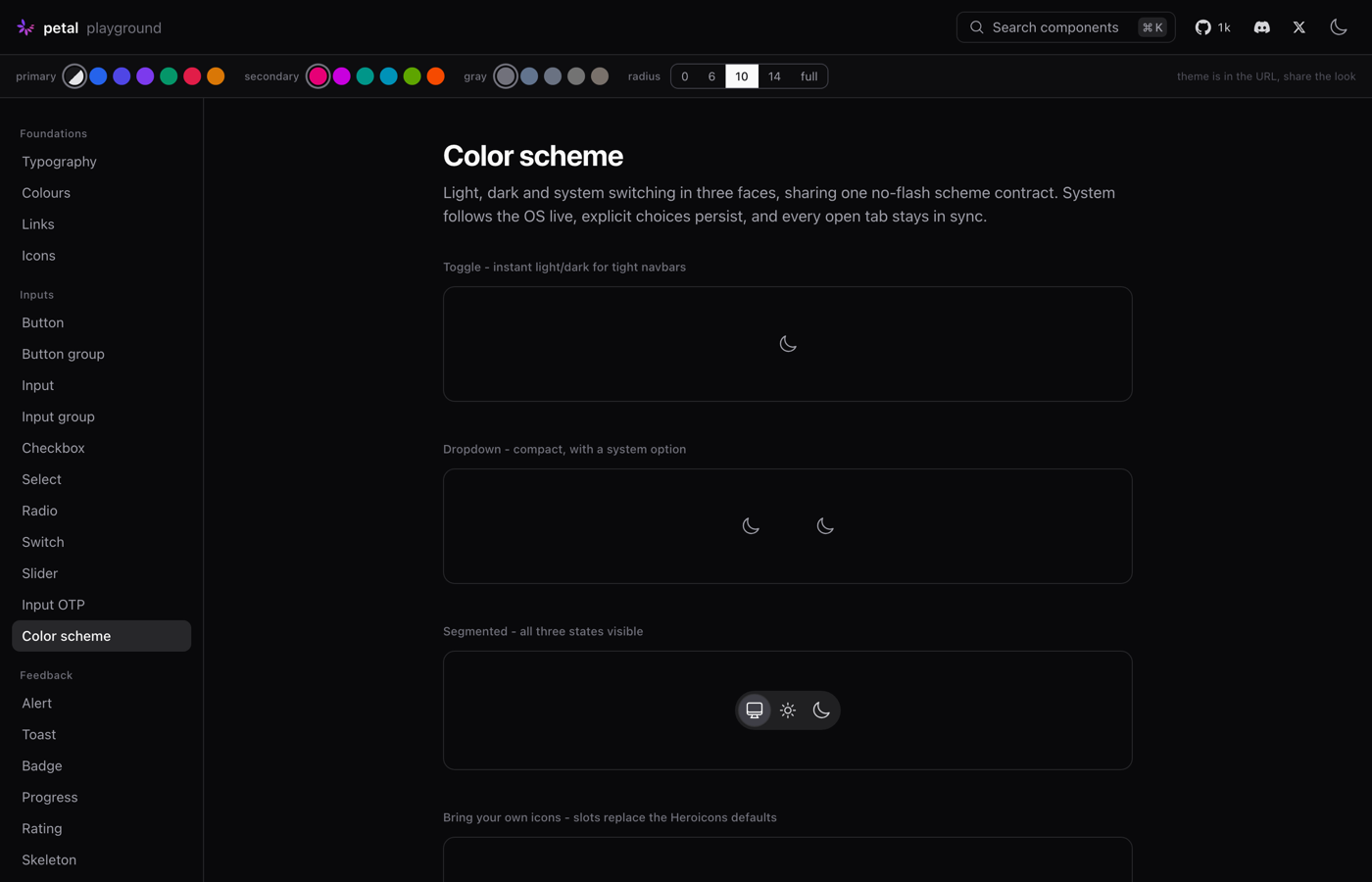 Color scheme switch as toggle, dropdown and segmented control