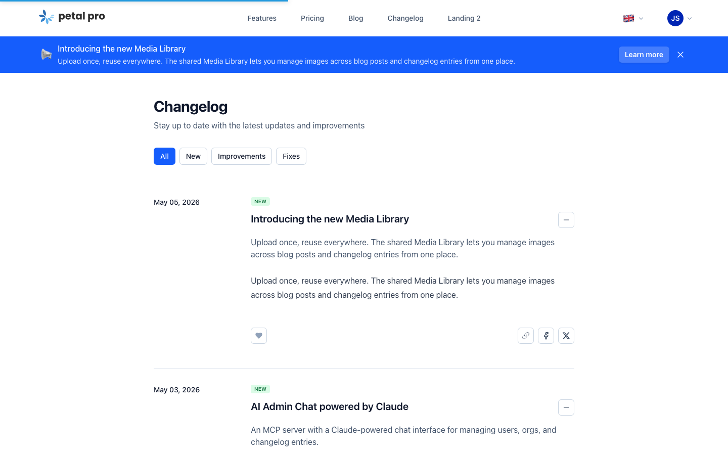 Built-in changelog with promotional banner