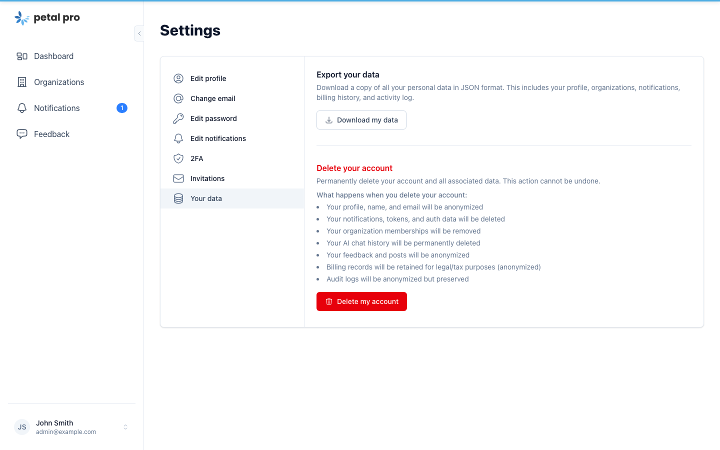 GDPR data export and account deletion