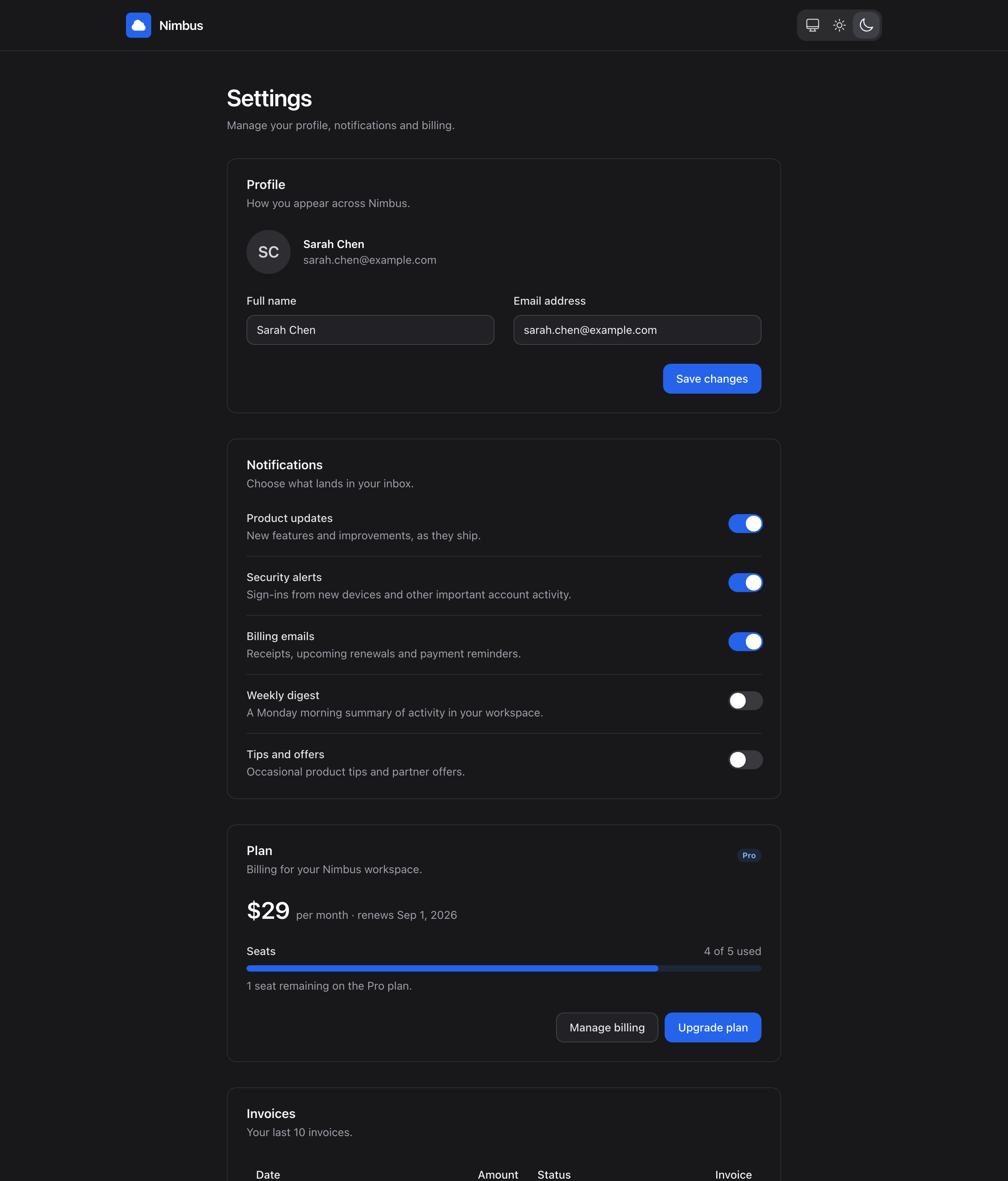 Settings page built by the skill agent in a Petal app, dark mode