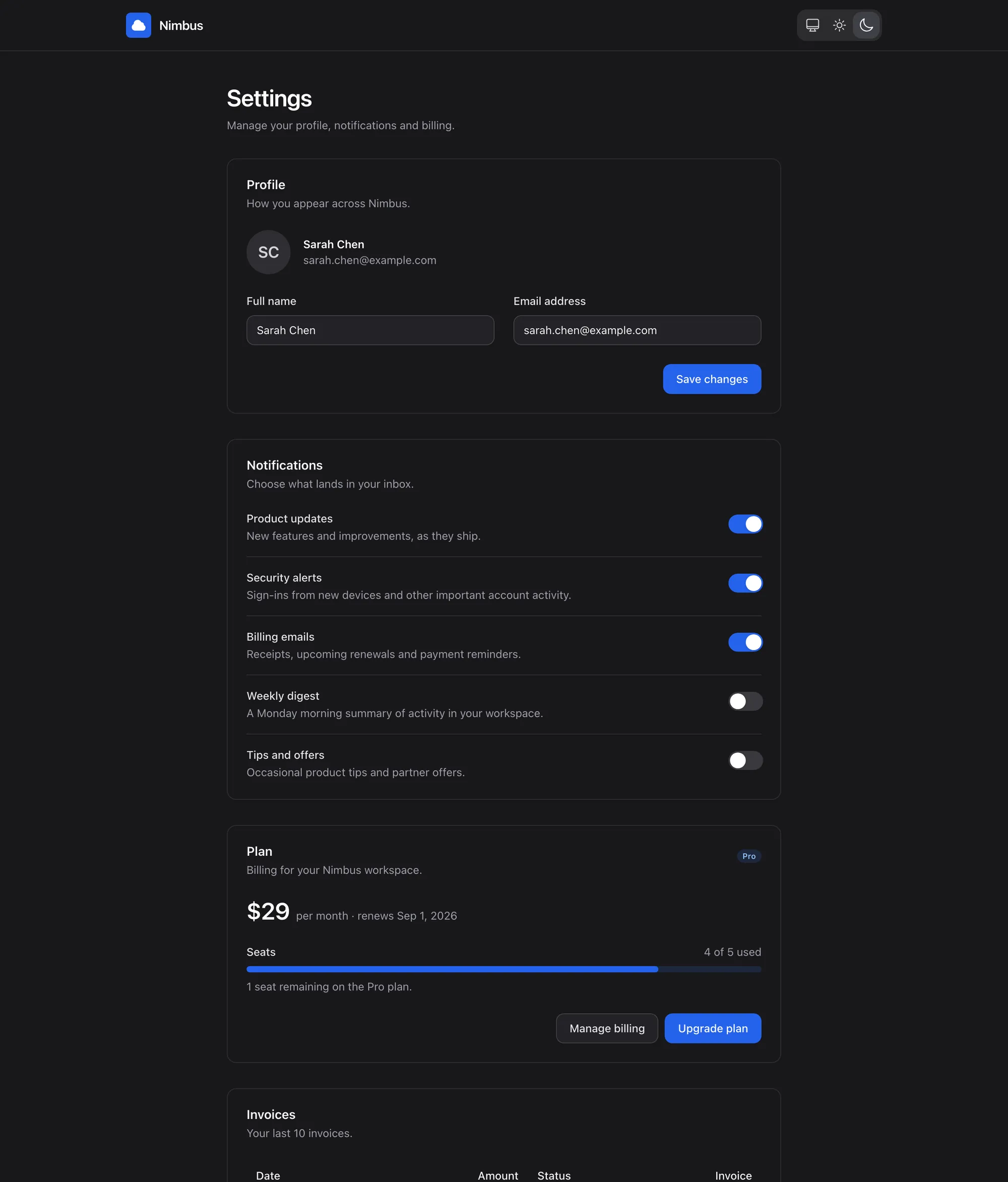 Settings page built by the skill agent in a Petal app, dark mode