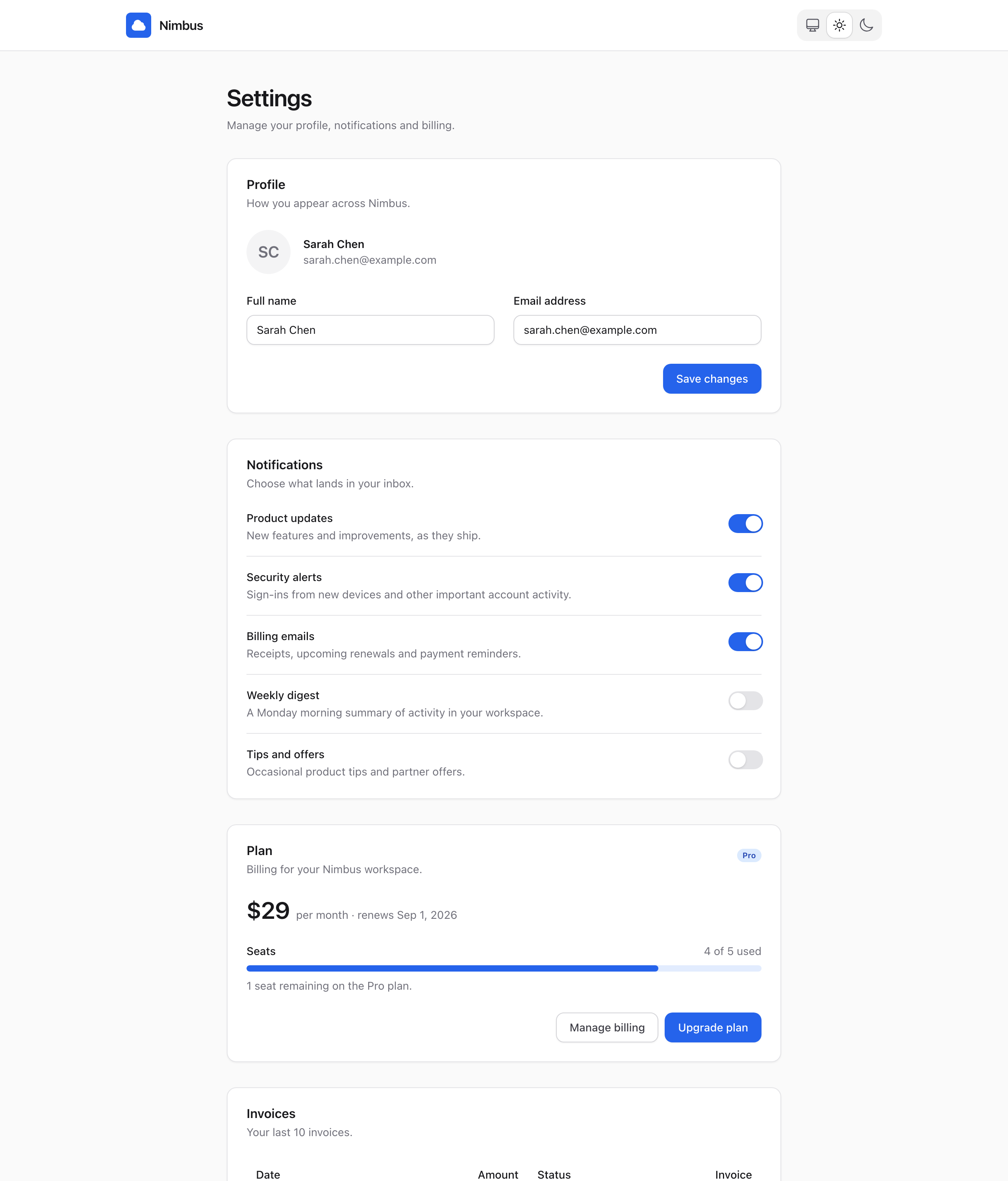 Settings page built by the skill agent in a Petal app