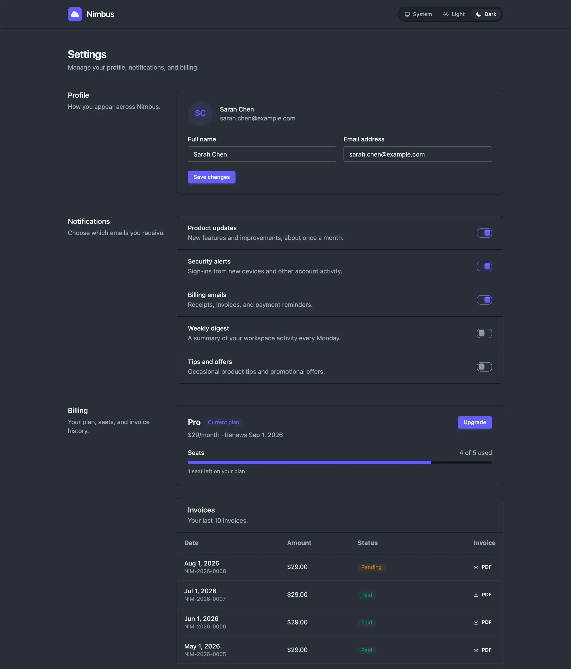 Settings page built by an agent in a fresh Phoenix app, dark mode