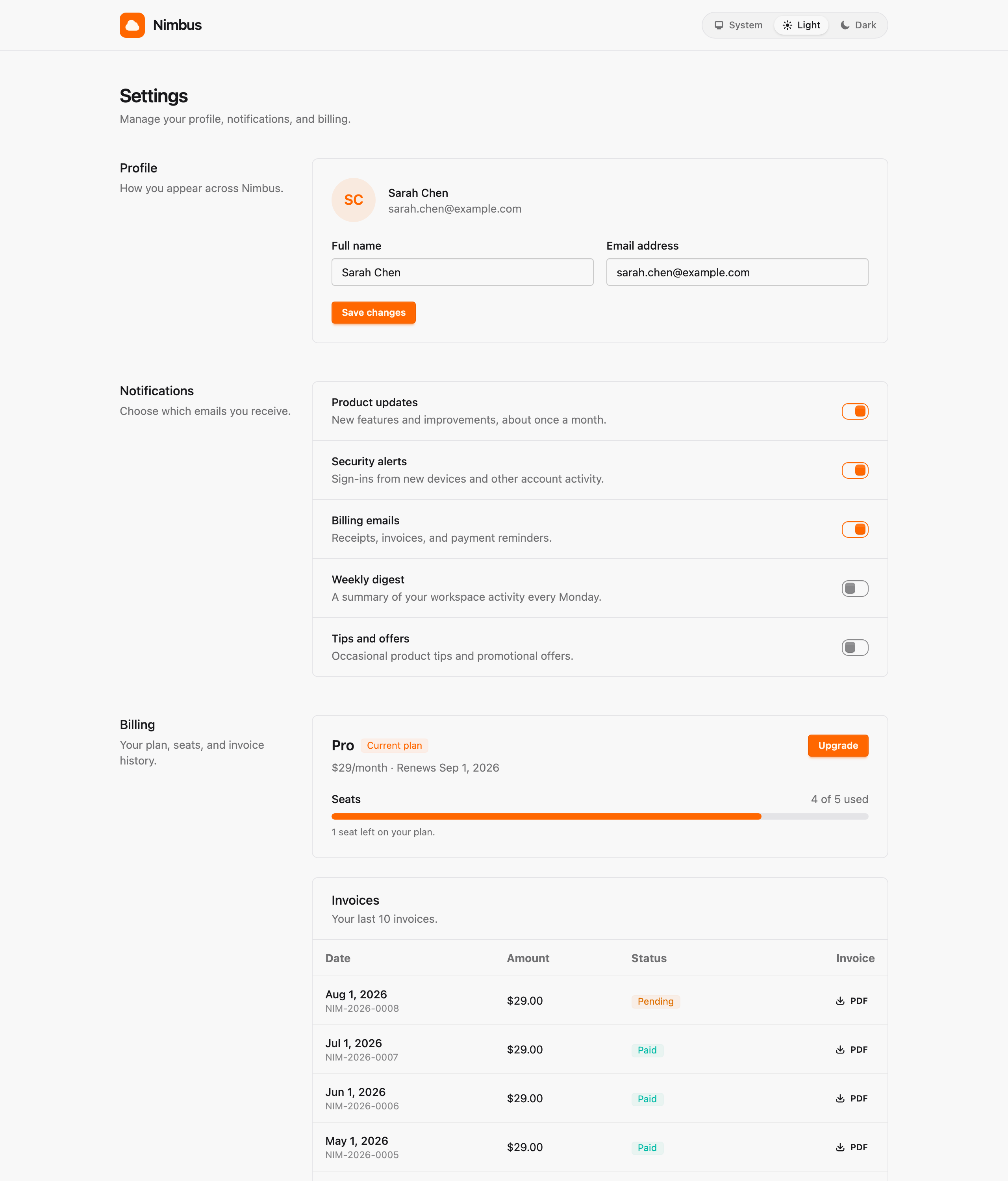 Settings page built by an agent in a fresh Phoenix app