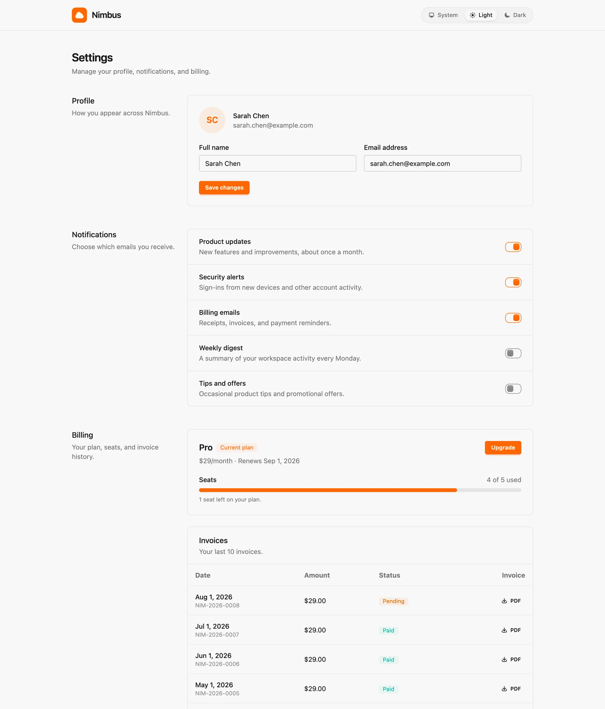 Settings page built by an agent in a fresh Phoenix app