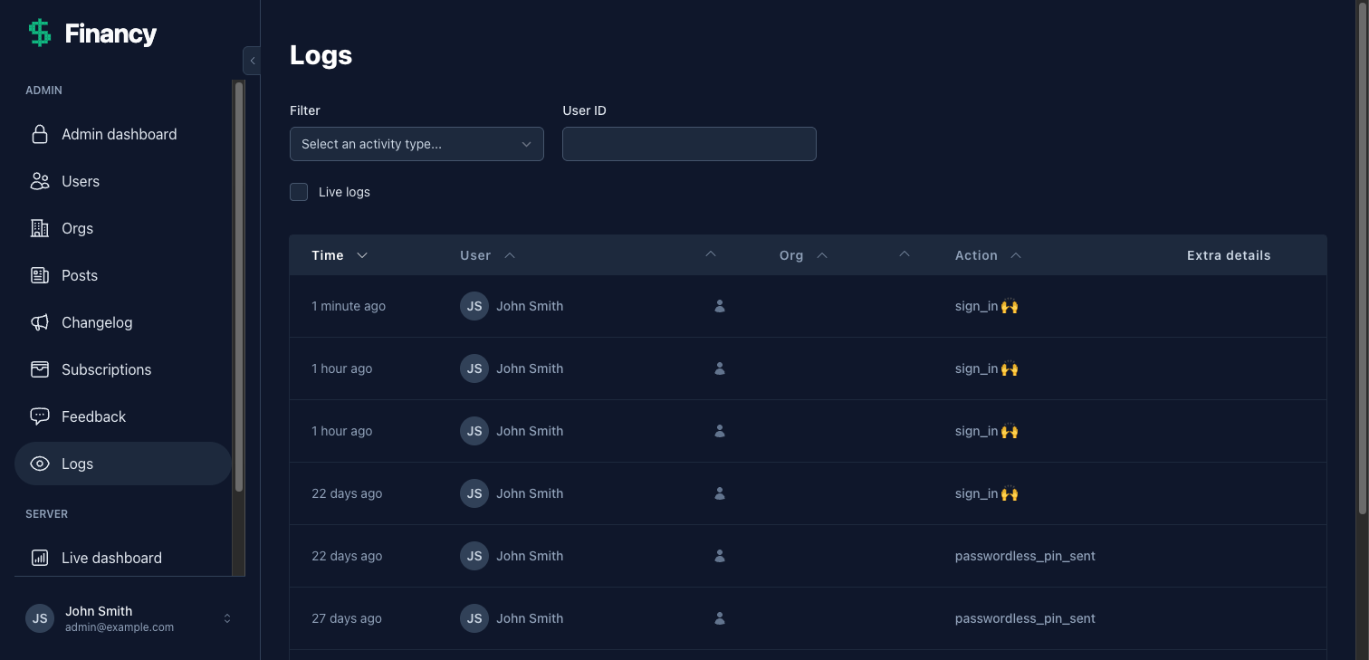 Real-time admin logs