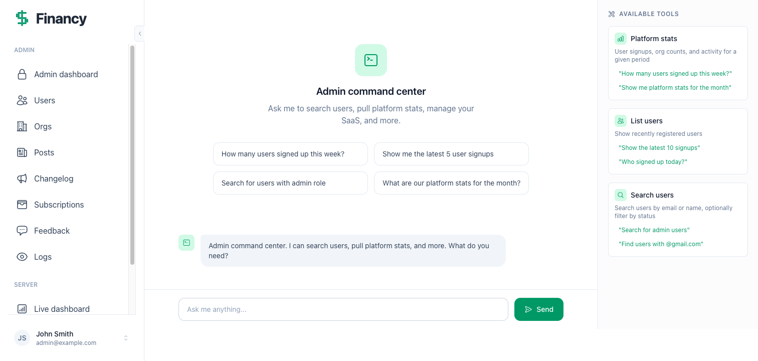 The AI admin chat interface with available tools panel