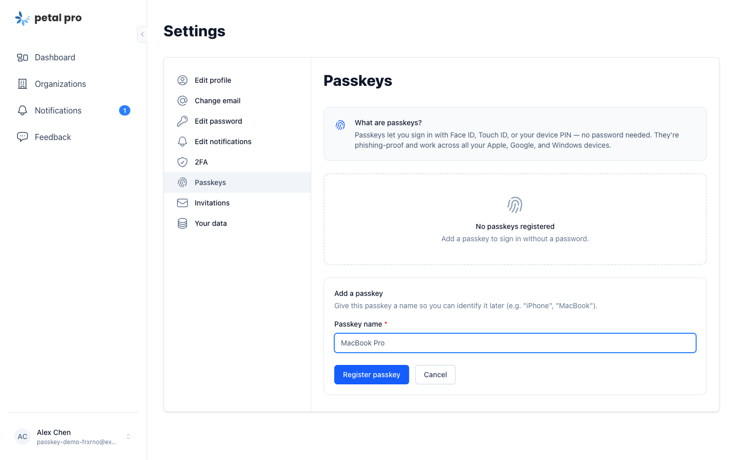 Passkey registration form