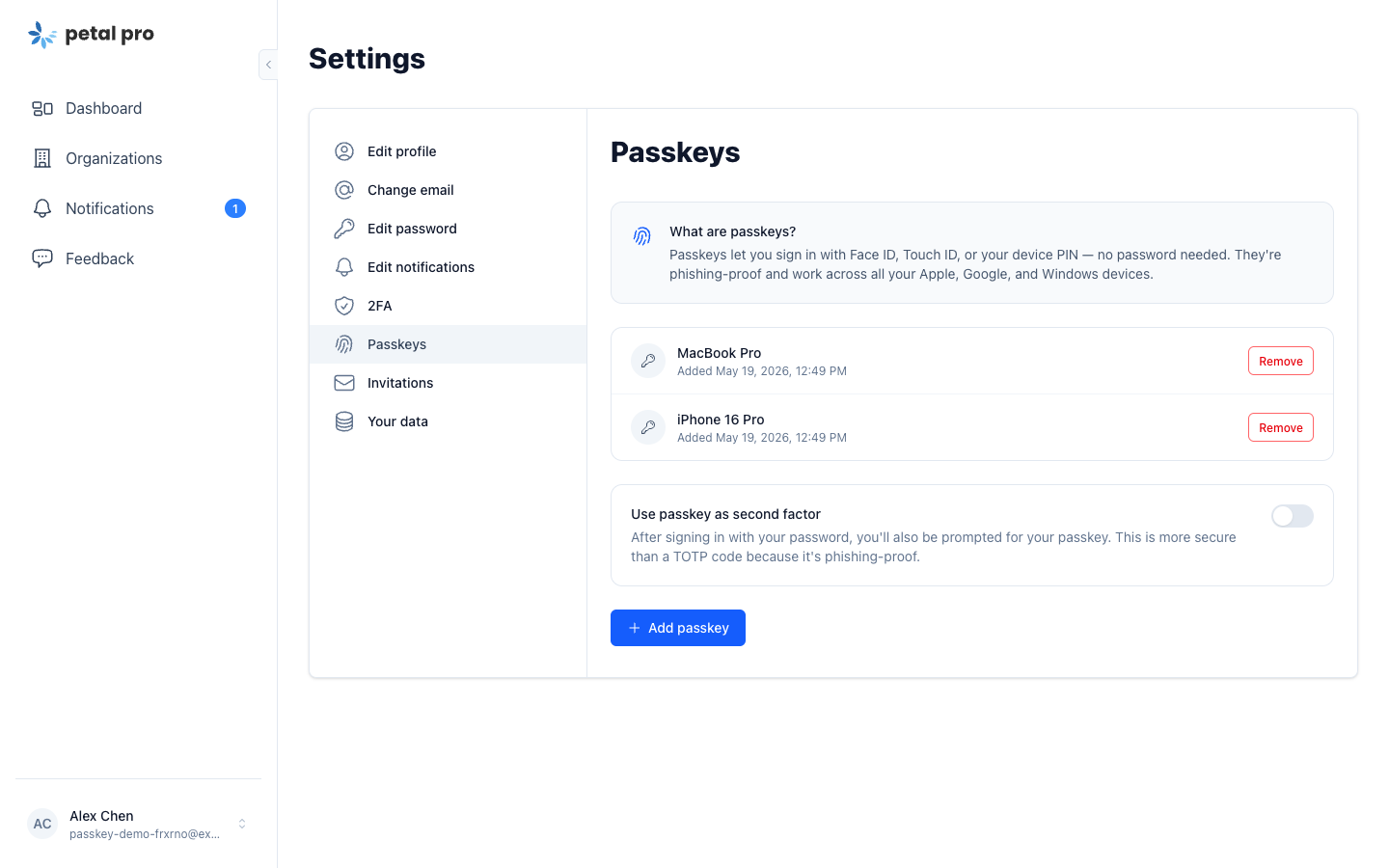 Security settings with passkeys registered