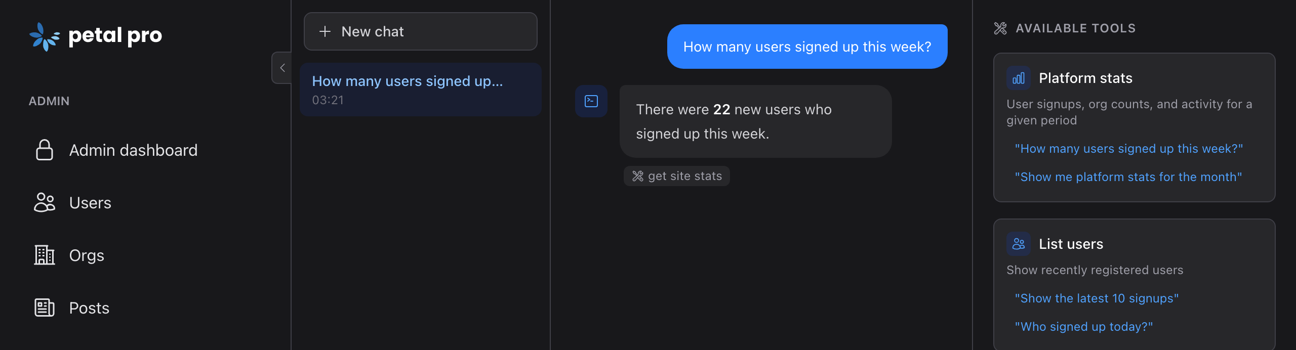 The Petal Pro admin chat at /admin/chat answering "How many users signed up this week?": the admin sidebar, the recent chats list, the answer with a badge naming the tool it called, and the tools rail