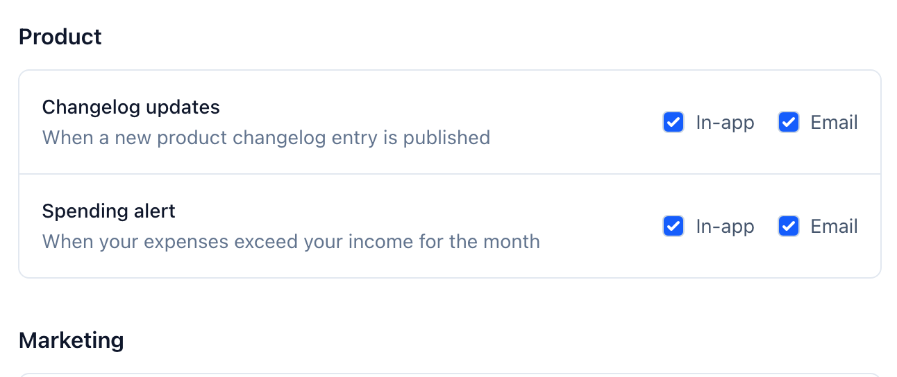 Settings, Notification preferences: the Product group with the new Spending alert row beside Changelog updates, each with an in-app and an email box