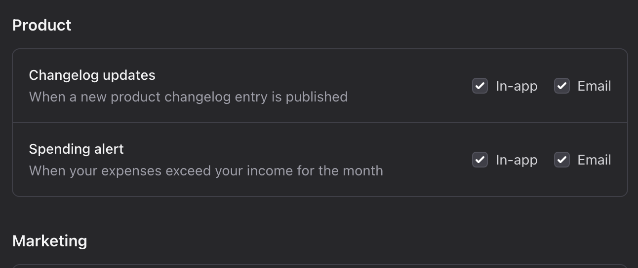 Settings, Notification preferences: the Product group with the new Spending alert row beside Changelog updates, each with an in-app and an email box