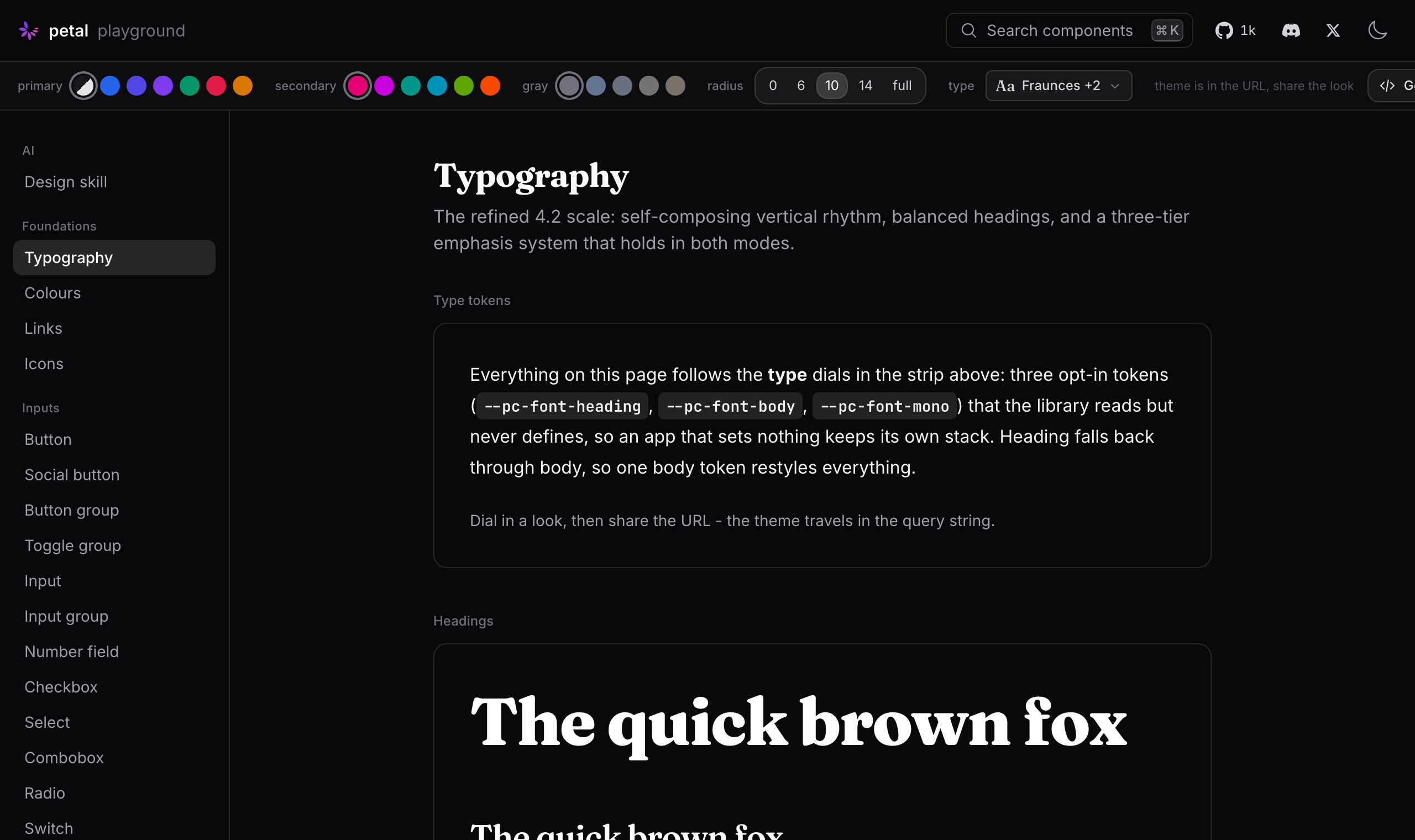 The Petal Components playground with Fraunces headings, Inter body and JetBrains Mono dialed in, dark mode