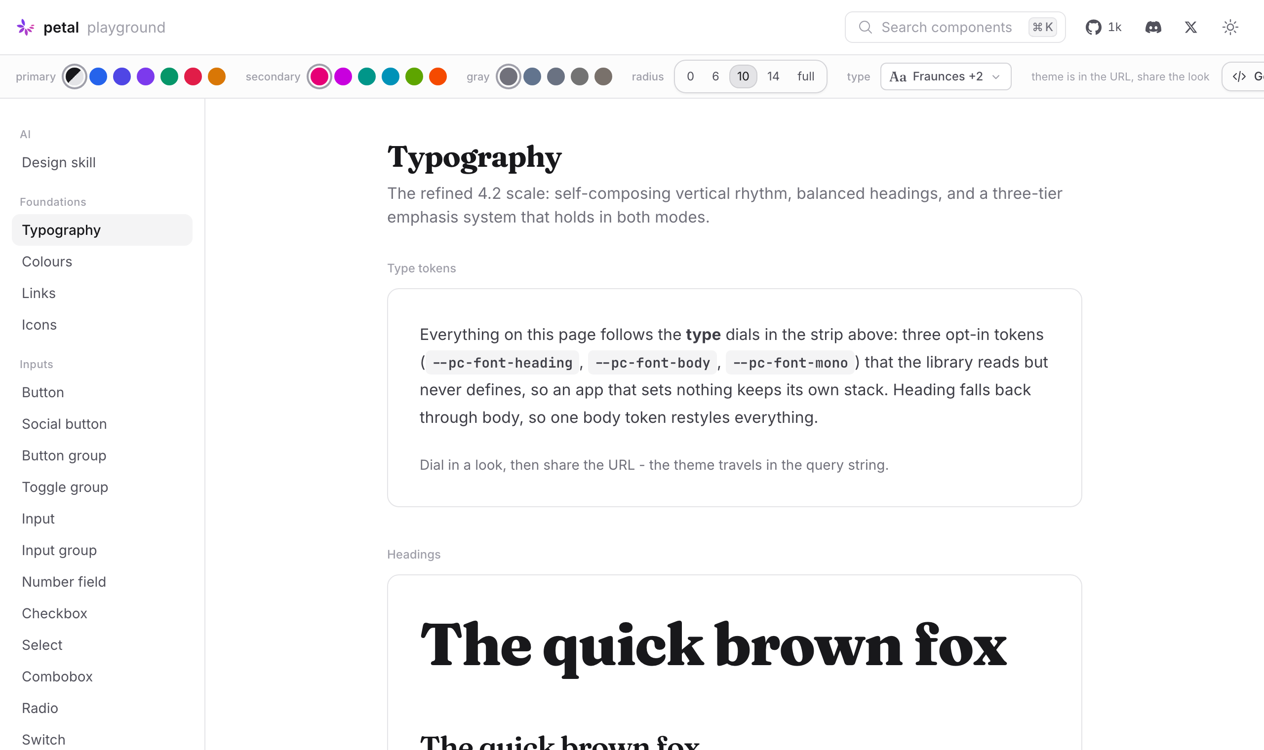 The Petal Components playground with Fraunces headings, Inter body and JetBrains Mono dialed in, light mode